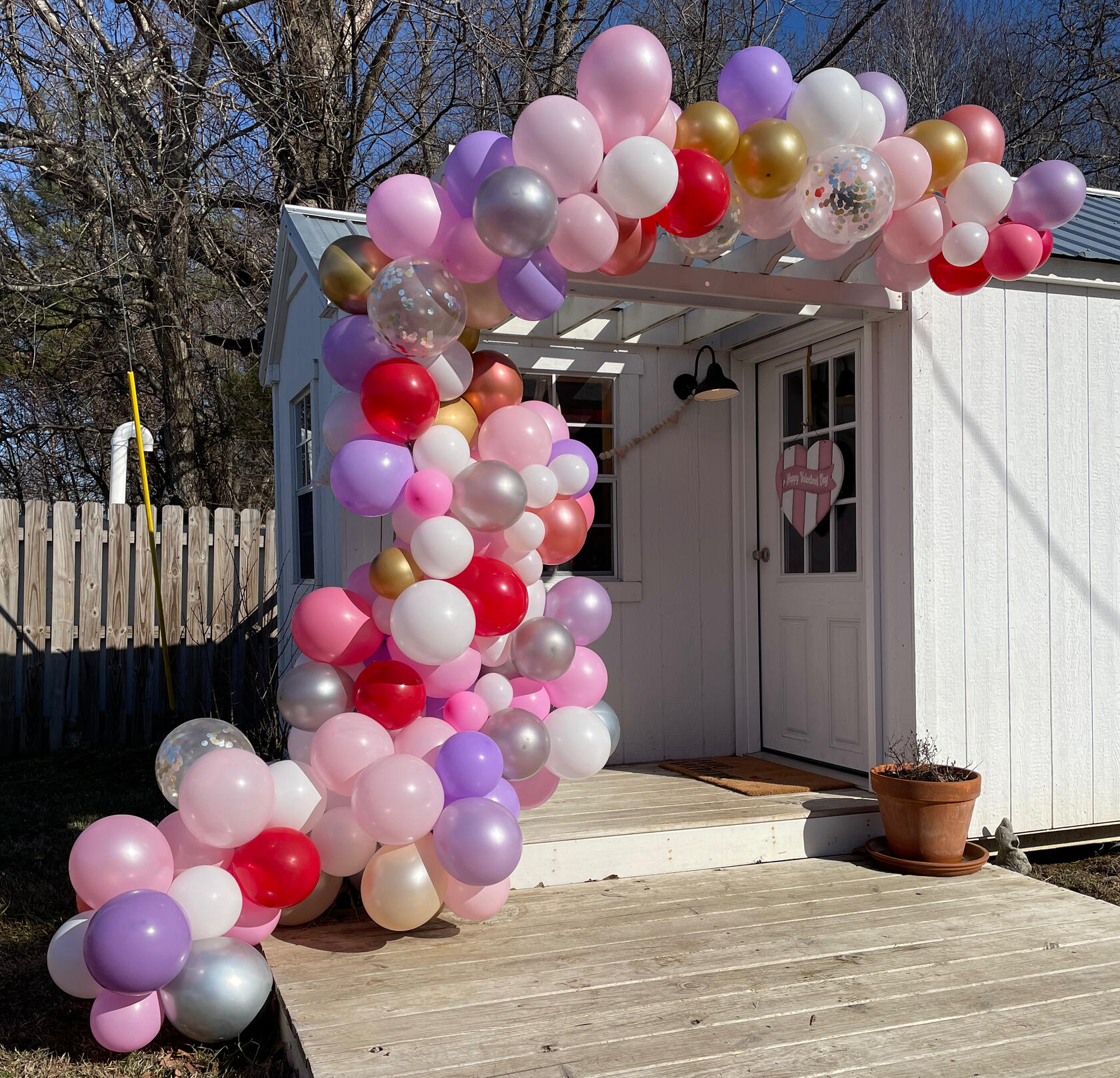 Valentines balloon garland on cottage gift shop